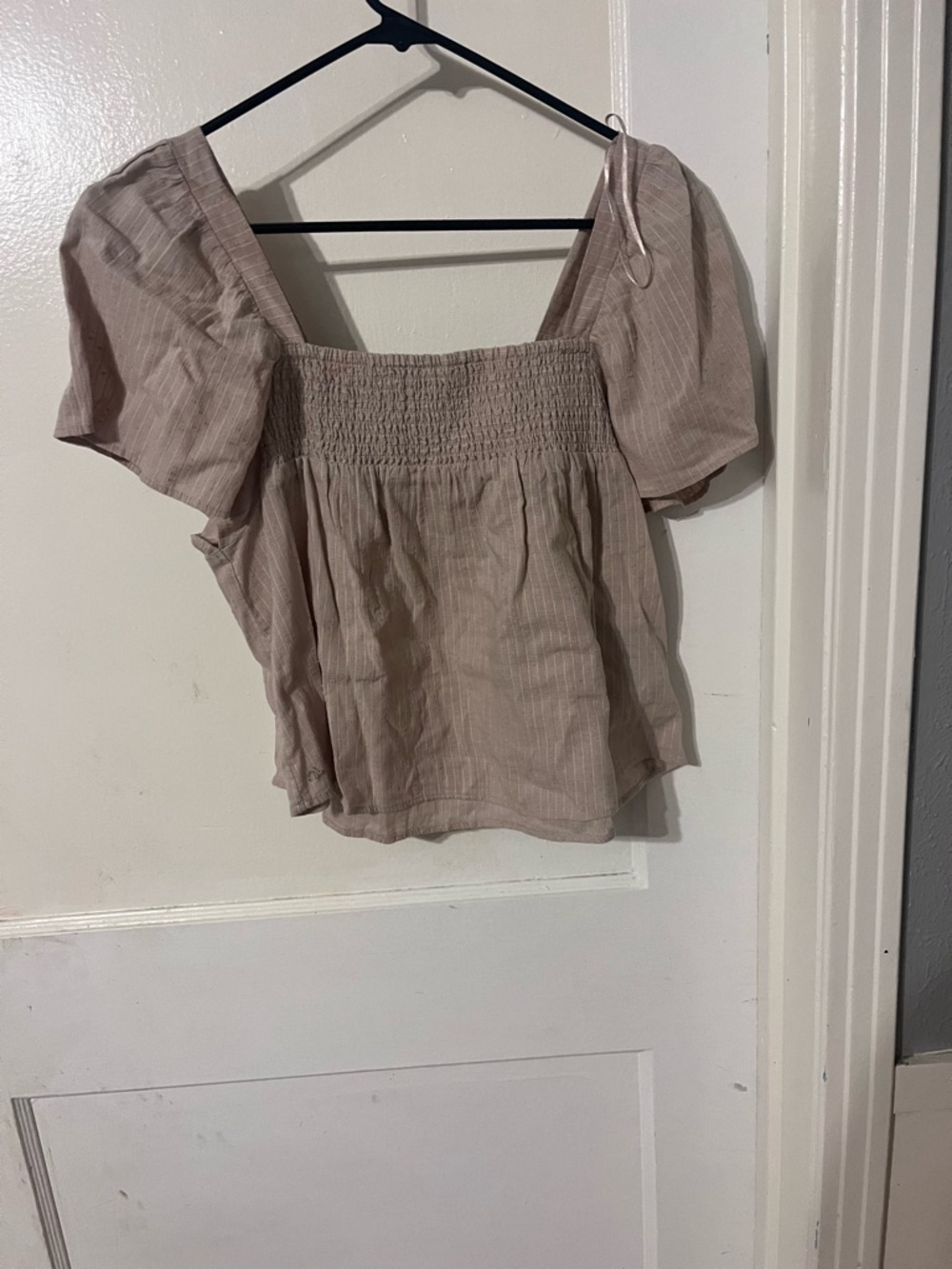 Smocked Square-Neck Puff Sleeve Top - Taupe - Picture 2 of 4